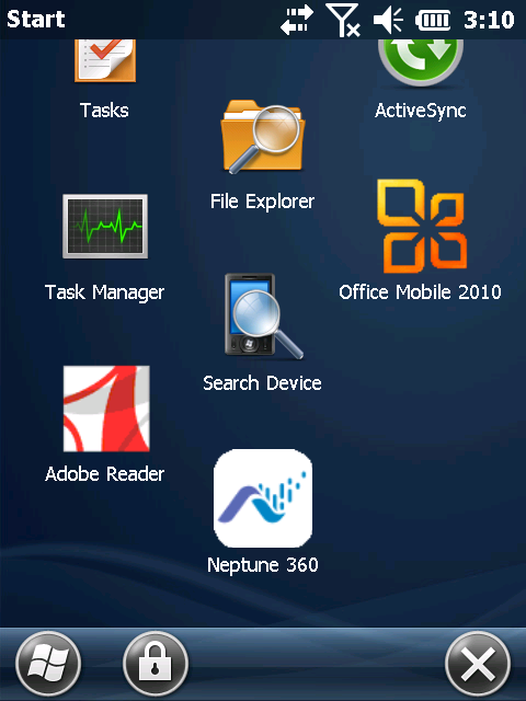 Windows start screen for a handheld unit that shows access to software such as Neptune 360, Adobe Reader, File Explorer, and Office Mobile